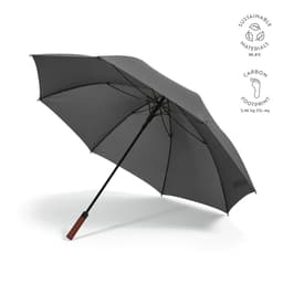 A windproof grey umbrella with automatic opening and a wooden handle. Features a logo and sustainable materials.