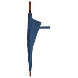 A navy umbrella with a wooden handle and a sleek design, featuring a logo on the fabric.