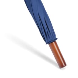 A navy blue windproof umbrella with an automatic opening mechanism and a wooden handle.