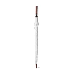 A white windproof umbrella with a brown handle, featuring an automatic opening mechanism and branding.