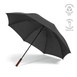 A windproof black umbrella with automatic opening and a wooden handle. Features a logo and sustainable materials badge.