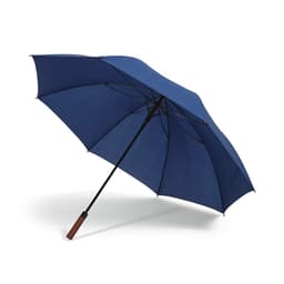 A navy blue windproof golf umbrella with an automatic opening mechanism and a wooden handle. It features a logo.
