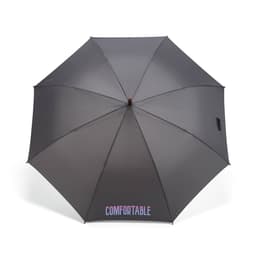A grey windproof umbrella with automatic opening feature and a logo.