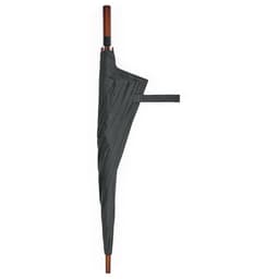 A black windproof golf umbrella with an automatic opening feature and a wooden handle. Features a logo.