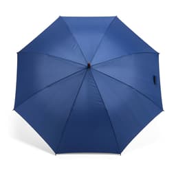 A blue windproof umbrella with an automatic opening feature and a handle. It has a logo on the sleeve.