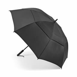 A black, storm-proof golf umbrella with automatic opening features and a sturdy design. It includes a logo on the handle.