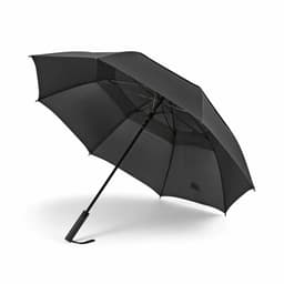 A black storm-proof golf umbrella with an automatic opening mechanism. It features a sleek design and a handle.