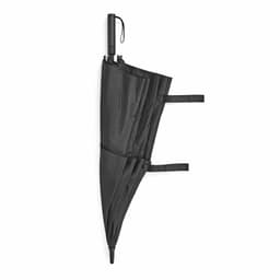 A black storm-proof golf umbrella with automatic opening feature and a logo. It is designed for durability and convenience.