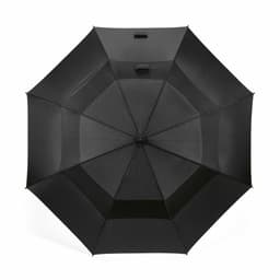 A black golf umbrella featuring a sturdy, storm-proof design with an automatic opening mechanism and a logo.