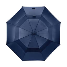 A navy blue storm-proof golf umbrella with automatic opening and a central handle, featuring an umbrella branding.