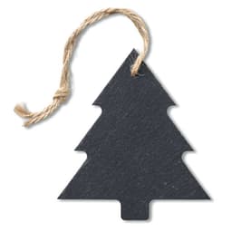A black, tree-shaped gift tag with a twine loop for hanging.