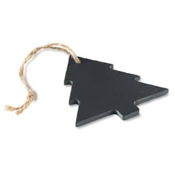 A black tree-shaped tag with a twine loop for hanging. It has a matte finish and a simple, rustic design.