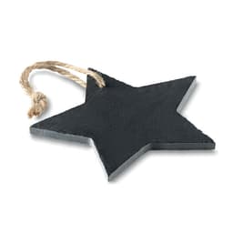 A star-shaped black wooden tag with a natural rope loop for hanging.