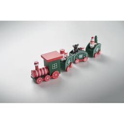 A decorative wooden train featuring red and green cars, with festive characters and details.