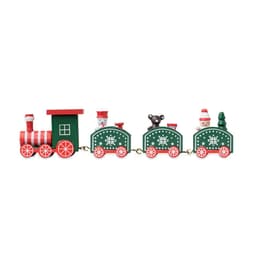 A decorative wooden train set in red and green, featuring a snowman, bear, and Christmas tree figures.