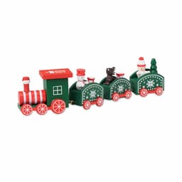 A decorative Christmas train in green and red, featuring snowmen, a bear, Santa, and a tree on the cars.