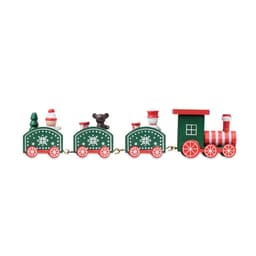 A festive train set featuring green carriages decorated with red and white accents, complete with holiday-themed figures.