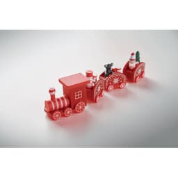 A toy train in red, featuring whimsical decorations and a little black bear, designed for festive occasions.