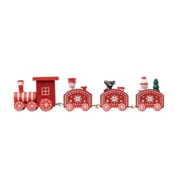 A decorative wooden train in red and white featuring snowy designs, with a conductor, bear, and a Christmas tree.
