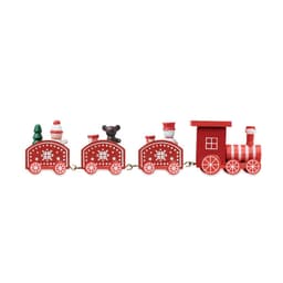 A wooden train set featuring red carriages and assorted festive decorations, including a bear, a tree, and Santa.