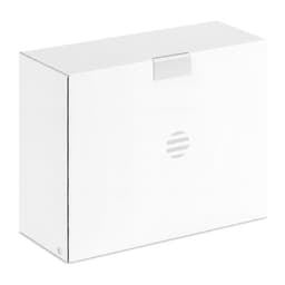 A white box with a simple design and a logo on the front. The box is closed with a tab closure.