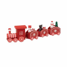 A red wooden train with striped design, featuring Santa, a snowman, a bear, and a Christmas tree in carriages.