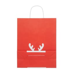 A red gift bag featuring white reindeer antlers at the bottom and a handle on top.