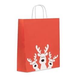 A large red gift bag featuring three cartoon reindeer with antlers, topped with white handles.