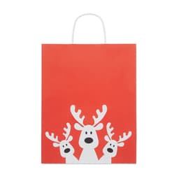 A red gift bag featuring three white reindeer with antlers and faces, complete with a paper handle.