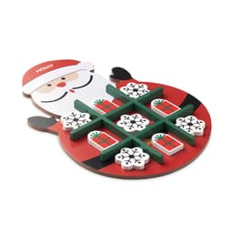 A wooden Christmas-themed tic-tac-toe game featuring Santa, green markers, and snowflake pieces.