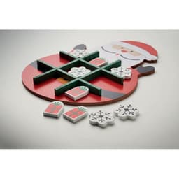 A festive tic-tac-toe game featuring a Santa-themed board and pieces shaped like gifts and snowflakes.