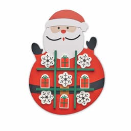 A decorative Santa-themed tic-tac-toe board featuring snowflakes and presents in festive colours.