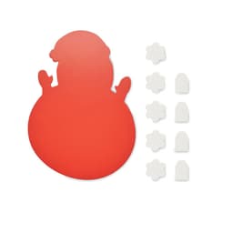 A red snowman-shaped baking mat with seven white cookie cutters in various shapes.