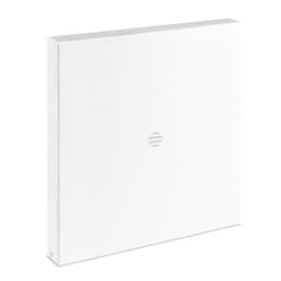 A white product box with a simple design and a circular logo on the front.