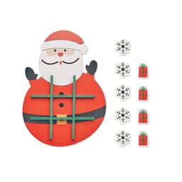 A Santa-themed tic-tac-toe game with a red Santa figure and decorative snowflakes and present pieces.