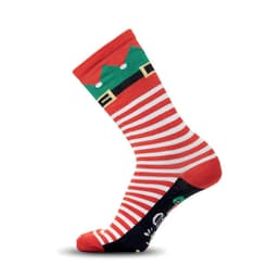 A red and white striped sock with green and black elf design elements and cartoon graphics at the ankle.