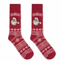 Red Christmas socks featuring a Santa design and festive patterns in white. The socks have a logo on them.