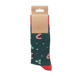 A pair of festive socks featuring candy canes, holly, and snowflakes in green, red, and white colours.