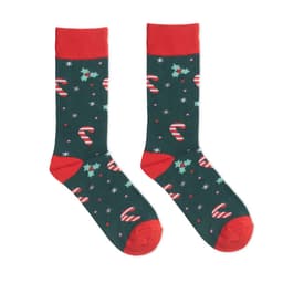 Festive socks featuring a dark green background, decorated with candy canes and holly, with red cuffs and soles.