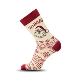 A festive sock in cream and red with a Santa design and Christmas motifs, featuring a logo at the top.