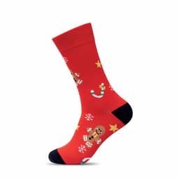 A red sock with festive patterns, featuring gingerbread men, candy canes, and snowflakes, with a black heel and toe.