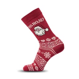 A red Christmas sock with a Santa design and white decorative patterns. Features a logo on the cuff.