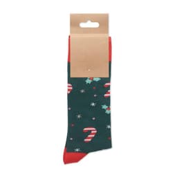 A pair of green socks with candy cane and holly patterns, featuring a red cuff and packaging.