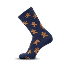 A pair of navy socks featuring a gingerbread man pattern in orange. The socks have a comfortable crew length.