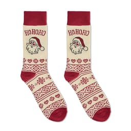 Festive socks featuring a Santa design, in cream and red with winter patterns and a logo.