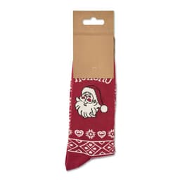 A red Christmas sock featuring a Santa design, packaged with a cardboard header.