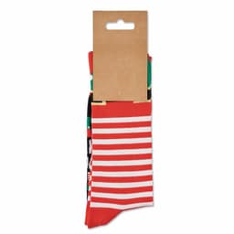 A pair of socks with red and white stripes, featuring a festive design, attached to a cardboard tag.