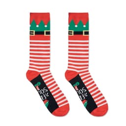 A pair of festive socks featuring red and white stripes, elf designs, and a logo on the black portion.