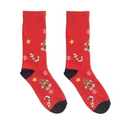 A pair of red socks featuring gingerbread men, candy canes, and snowflakes with black cuffs.