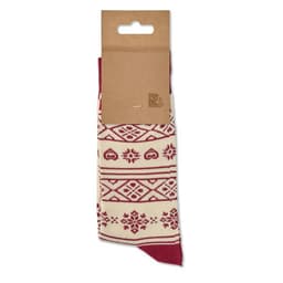 A pair of cream socks with red patterned designs, displayed on a cardboard backing.